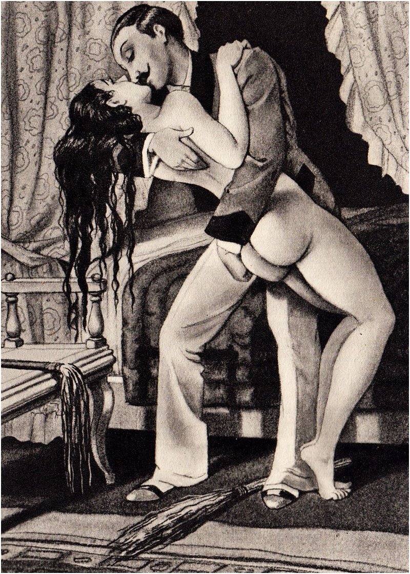 kissing and fondling a naked woman who is about to be whipped with a martinet and a birch