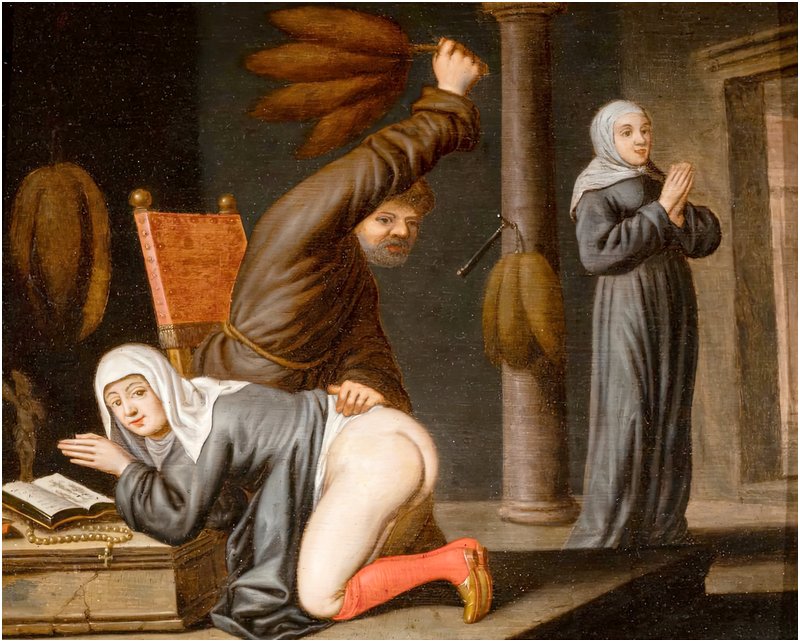 oil on panel painting of a nun with her skirts up and her bare bottom revealed while a friar flogs her with a soft-looking three-tailed whip