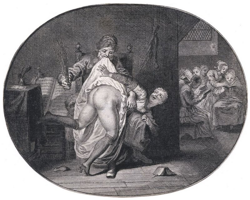 elderly scholar or schoolmaster has a woman over his knee for a punishment as younger students in another room continue to study