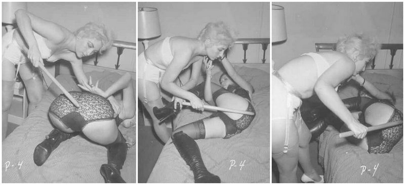 three views of a vintage blonde in fancy lingerie spanking a brunette, also in fancy undies, with a wooden dowel